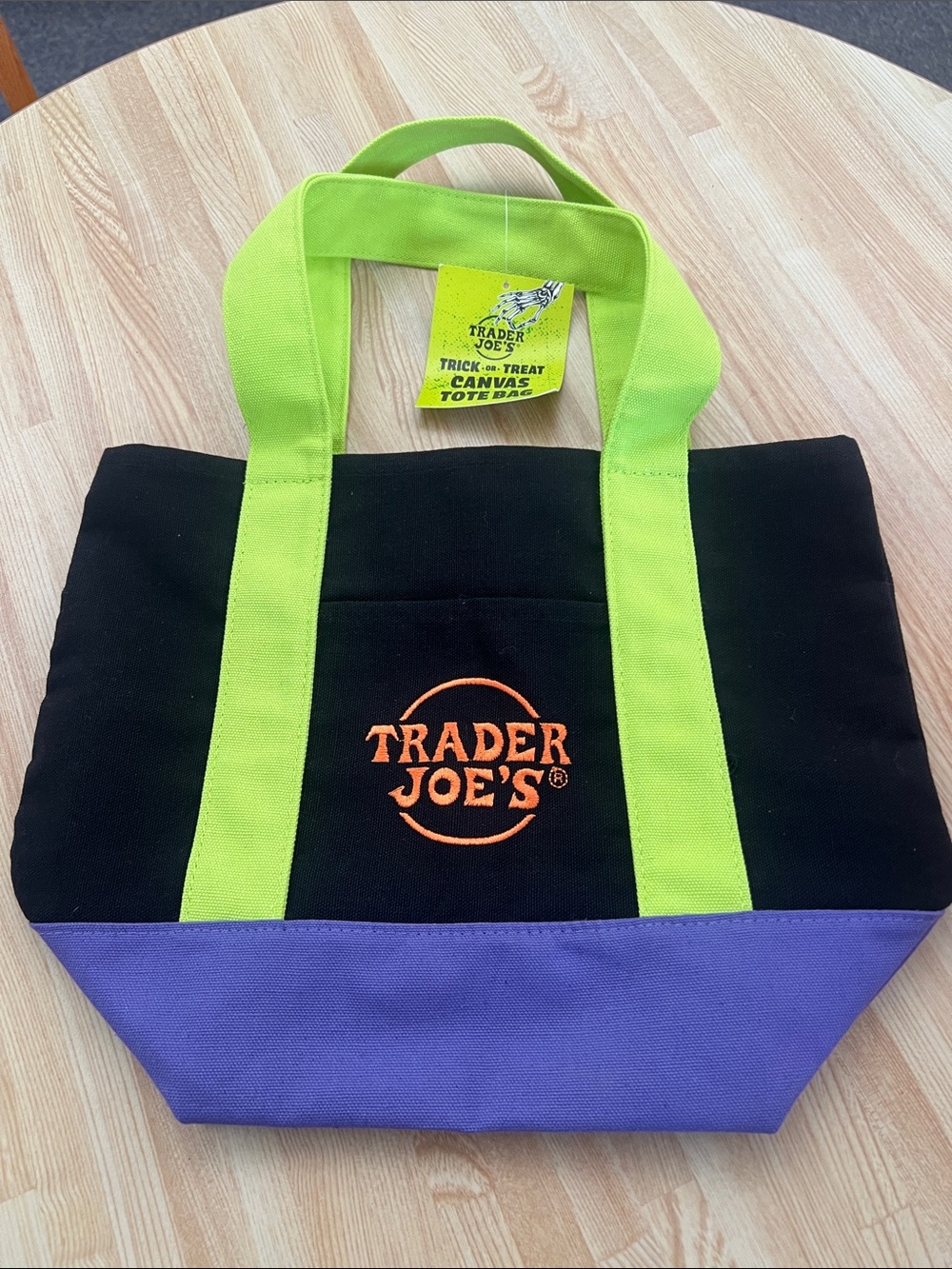 Trader Joe's Black & Purple Mini Canvas Tote with Lime Straps